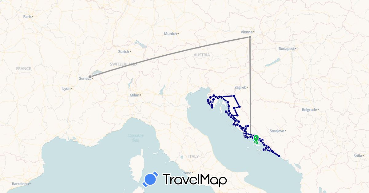 TravelMap itinerary: driving, bus, plane, boat in Austria, Bosnia and Herzegovina, Switzerland, Croatia (Europe)